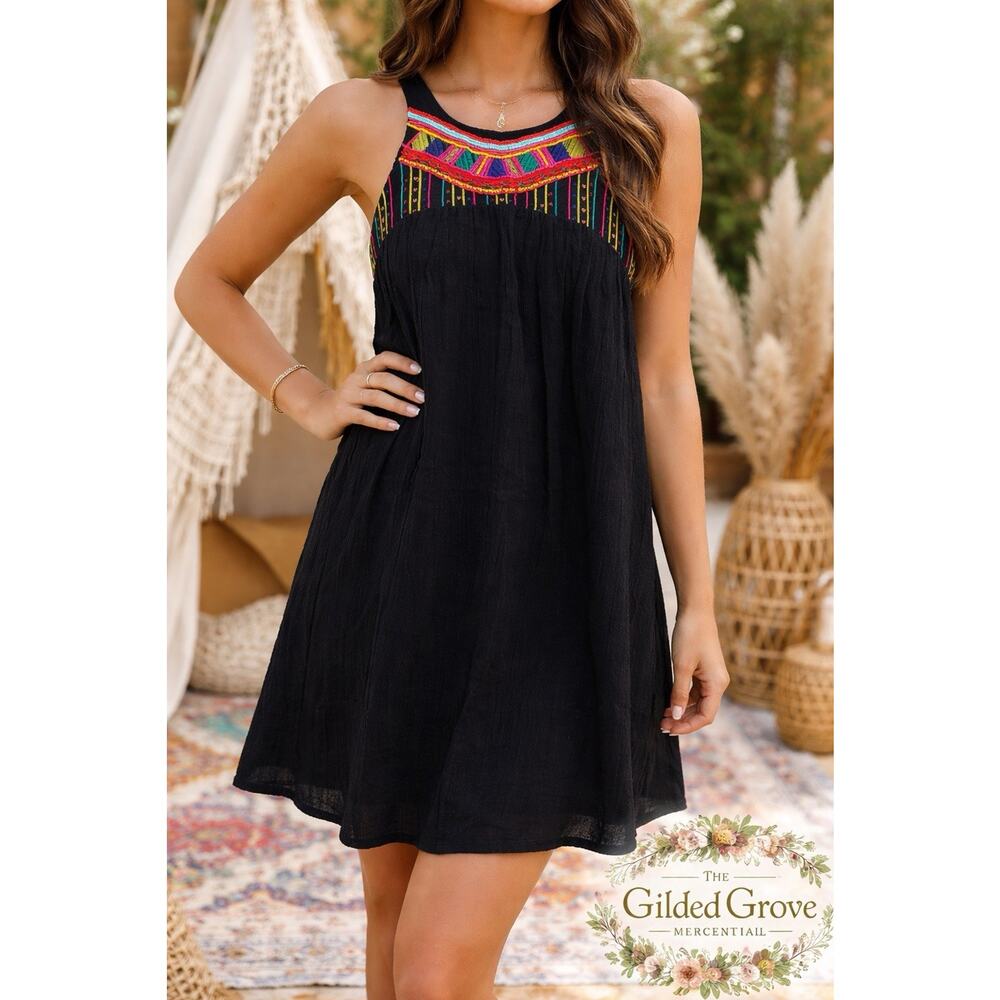 Billabong Boho Embroidered Sleeveless Dress Black Cotton Beaded Small